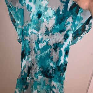 Teal watercolor ruffled button blouse